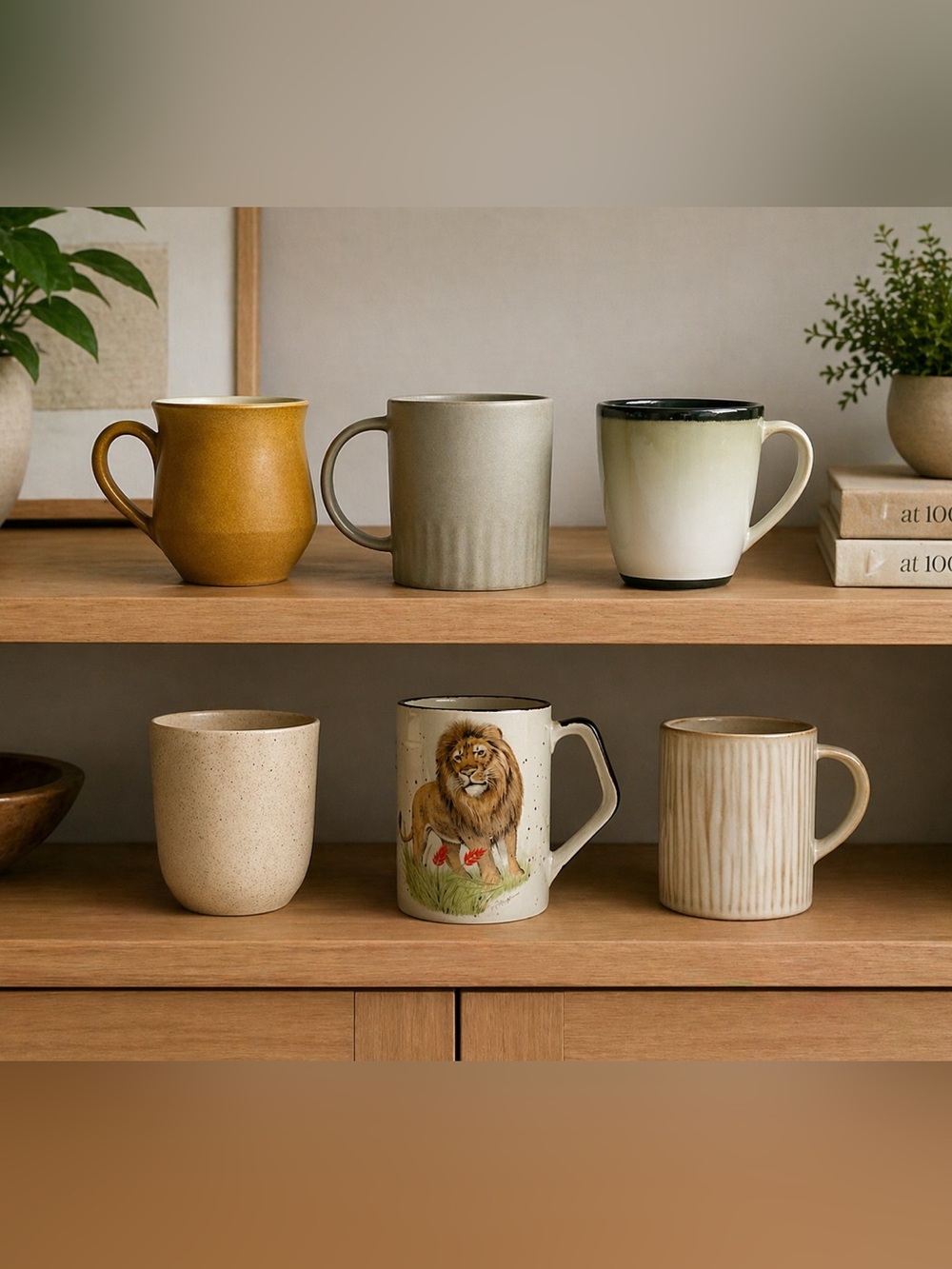 6 Ceramic Mug Set Safari Assorted Mix&Match Earthy, Lion, Glazed, Mate, Textured